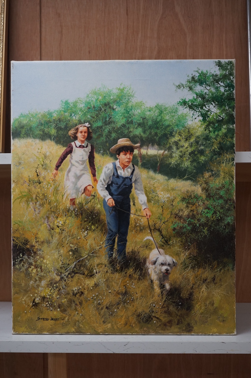 John Seerey-Lester (American, b.1946), oil on canvas, children and a dog in a meadow, signed and dated '82, unframed. Condition - good